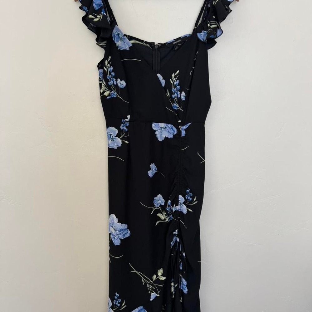 Floral Midi Dress with Ruffle Sleeves Ruched Detail Size M Romantic Fairycore